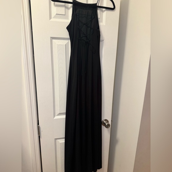 90s Black Evening Prom Dress High Neck Backless Strappy Beaded Size 4 Free Bag - Picture 6 of 12